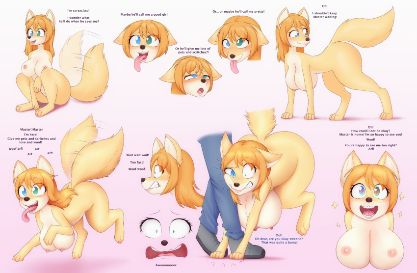 after_transformation big_breasts breasts busty_feral canid canine canis domestic_dog duo english_text female feral heterochromia hi_res human loss_of_self male mammal sequence text tongue tongue_out zorym