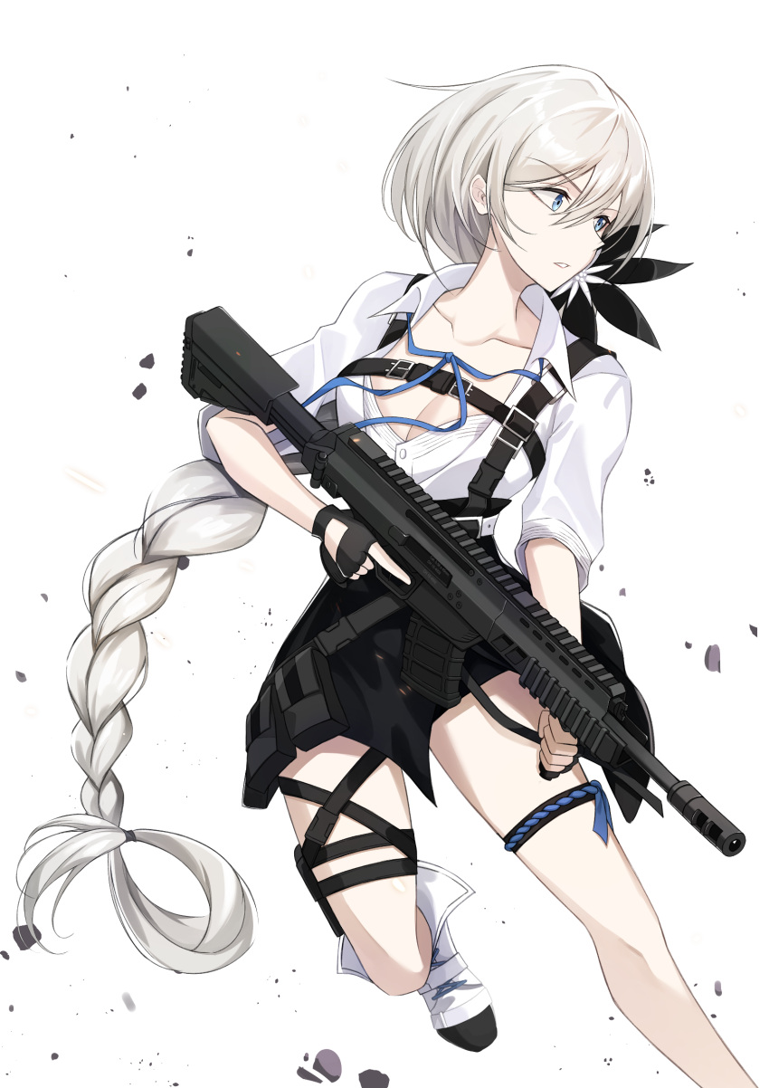 1girl apc556_(girls'_frontline) assault_rifle b&amp;t_apc556 bangs black_gloves black_skirt blue_eyes blue_ribbon boots braid braided_ponytail breasts cleavage collarbone commission feet_out_of_frame fingerless_gloves flower girls'_frontline gloves gun hair_flower hair_ornament hakugin006 harness highres holding holding_gun holding_weapon long_hair looking_away medium_breasts neck_ribbon open_clothes open_mouth open_shirt parted_lips pixiv_request ribbon rifle shirt short_sleeves skirt solo standing very_long_hair weapon white_background white_footwear white_hair white_shirt