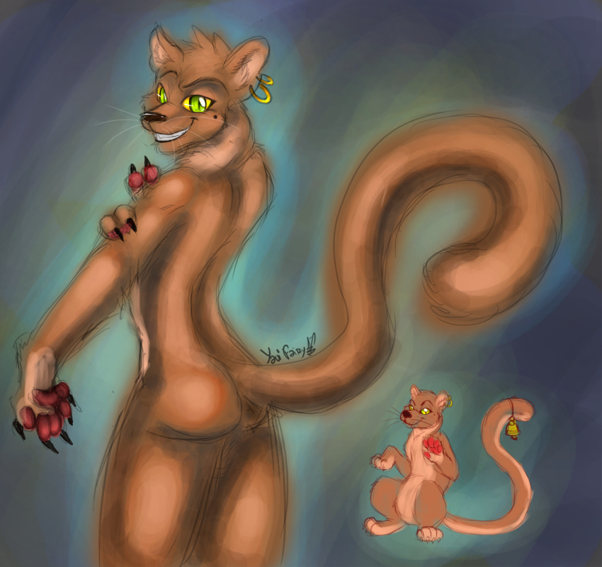 anthro black_claws brown_body brown_ears brown_fur brown_head_tuft brown_tail butt claws colored_sketch ear_piercing ear_ring fur green_eyes grin hi_res inner_ear_fluff looking_back male pawpads piercing pupils rear_view red_pawpads ring_piercing simple_background sketch slit_pupils smile solo tan_body tan_fur tan_inner_ear_fluff tan_tail tuft yaoifairy yellow_sclera