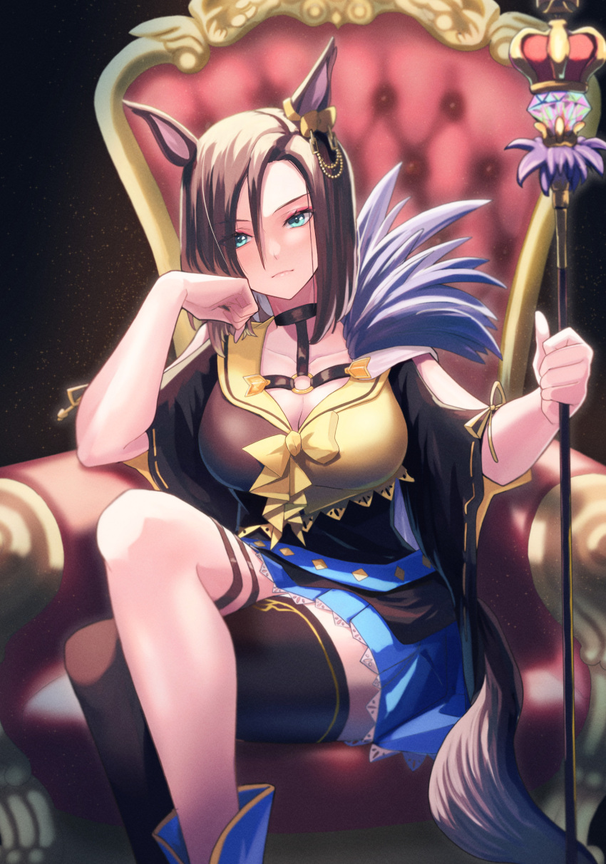 1girl absurdres air_groove_(umamusume) animal_ears black_thighhighs blue_skirt blurry blurry_background bow breasts brown_hair chair cleavage crossed_legs ear_bow hair_between_eyes head_rest highres horse_ears horse_girl horse_tail long_hair looking_at_viewer medium_breasts scepter short_hair single_thighhigh sitting skirt solo tail thighhighs u_kyoumaru umamusume yellow_bow