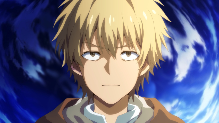1boy bangs blonde_hair blue_background brown_eyes brown_hood closed_mouth commentary english_commentary hamazura_shiage highres looking_at_viewer male_focus serious shirt short_hair solo straight-on toaru_majutsu_no_index upper_body user_erpr3844 white_shirt