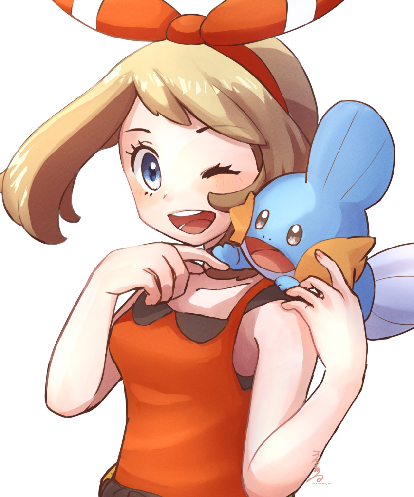 1girl ;d blue_eyes blush bow_hairband breasts brown_hair commentary_request eyelashes hairband hands_up highres may_(pokemon) mudkip on_shoulder one_eye_closed open_mouth pokemon pokemon_(creature) pokemon_(game) pokemon_on_shoulder pokemon_oras shirt sleeveless sleeveless_shirt smile teeth tongue uyumaru_art