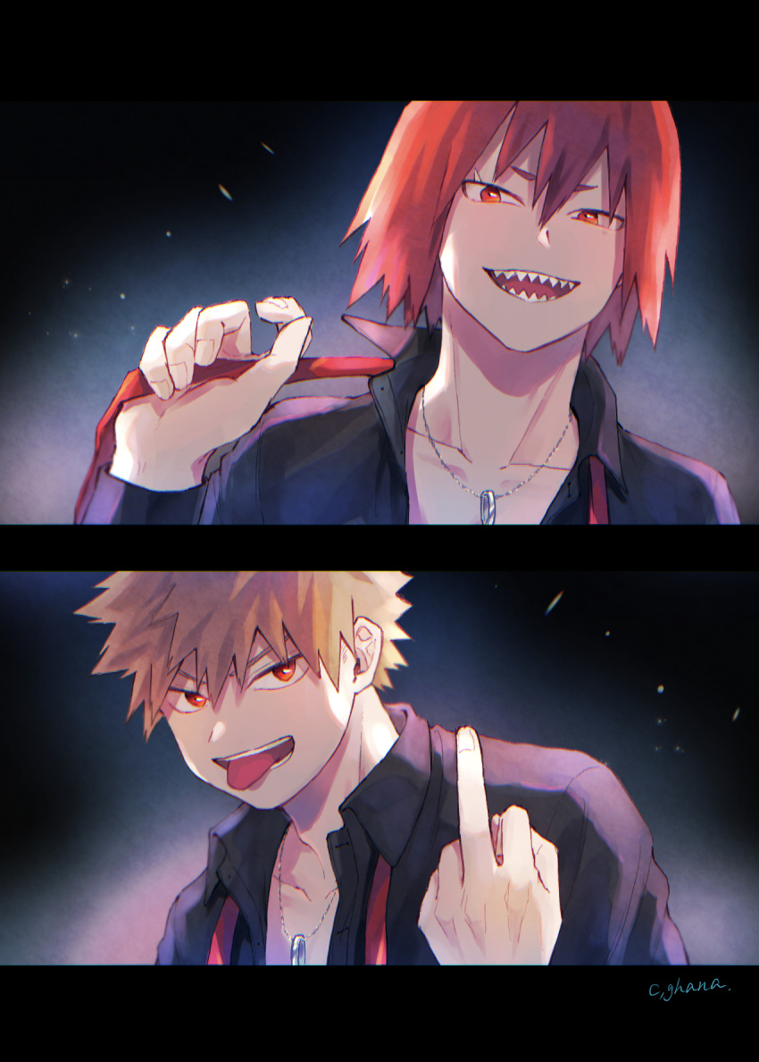 2boys adcalcium bakugou_katsuki black_background black_shirt blonde_hair boku_no_hero_academia collared_shirt commentary_request highres holding_necktie jewelry kirishima_eijirou long_sleeves looking_at_viewer male_focus middle_finger multiple_boys necklace open_clothes open_mouth open_shirt red_eyes red_hair sharp_teeth shirt short_hair signature spiked_hair teeth tongue tongue_out undone_necktie