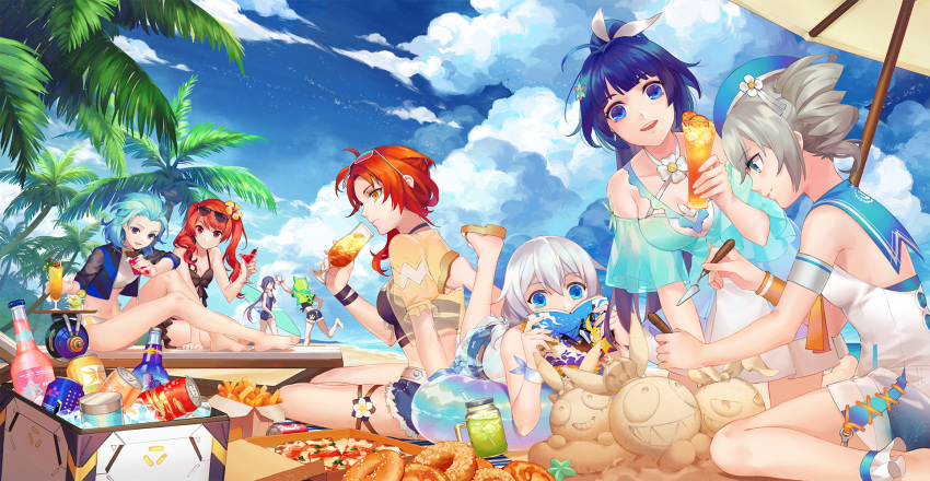 6+girls :d ahoge bangs beach beach_umbrella beret bikini black_bikini blue_eyes blue_hair blue_sky book bronya_zaychik bronya_zaychik_(valkyrie_chariot) cloud cloudy_sky cup denim denim_shorts doughnut dress drill_hair drinking drinking_glass drinking_straw drone eyewear_on_head flower food frederica_nikola_tesla fu_hua green_jacket grey_eyes grey_hair hair_flower hair_ornament hat highres holding holding_book holding_cup holding_surfboard homu_(honkai_impact) honkai_(series) honkai_impact_3rd ice jacket kiana_kaslana kiana_kaslana_(knight_moonbeam) legs_up lieserl_albert_einstein loot_box lying mizuya multiple_girls murata_himeko murata_himeko_(scarlet_fusion) on_floor on_stomach one-piece_swimsuit orange_juice outdoors palm_tree pizza ponytail raiden_mei raiden_mei_(lightning_empress) red_eyes red_hair sailor_collar sand see-through short_sleeves shorts sitting sky smile soda sundress sunglasses surfboard swimsuit theresa_apocalypse theresa_apocalypse_(valkyrie_pledge) tree twintails umbrella white_bikini white_hair yellow_eyes yellow_jacket