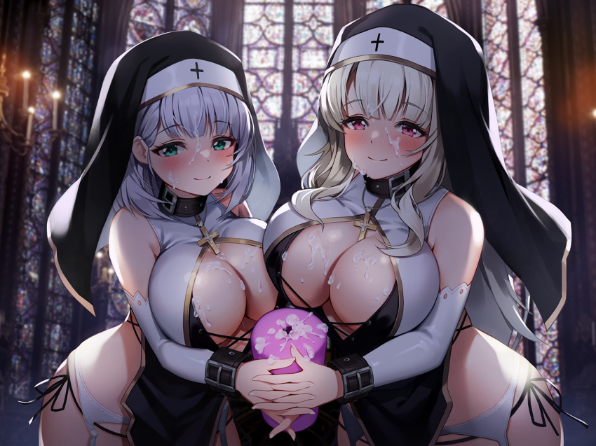 2girls artificial_vagina asymmetrical_docking bangs bare_shoulders black_collar black_delmo black_hair black_panties blonde_hair blue_eyes blush breast_press breasts cleavage closed_mouth collar cross cross_necklace cum cum_on_body cum_on_breasts facial garter_belt grey_hair habit holding indoors interlocked_fingers jewelry large_breasts long_hair long_sleeves looking_at_viewer medium_hair multiple_girls necklace nun original panties pelvic_curtain pink_eyes pinki_o64 sex_toy side-tie_panties smile underwear veil