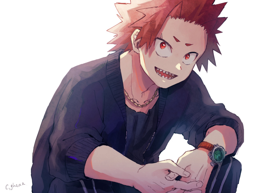 1boy adcalcium black_jacket black_pants black_shirt boku_no_hero_academia commentary_request highres jacket jewelry kirishima_eijirou looking_at_viewer male_focus necklace open_clothes open_jacket open_mouth own_hands_together pants red_eyes red_hair sharp_teeth shirt short_hair signature simple_background solo spiked_hair teeth upper_body watch white_background