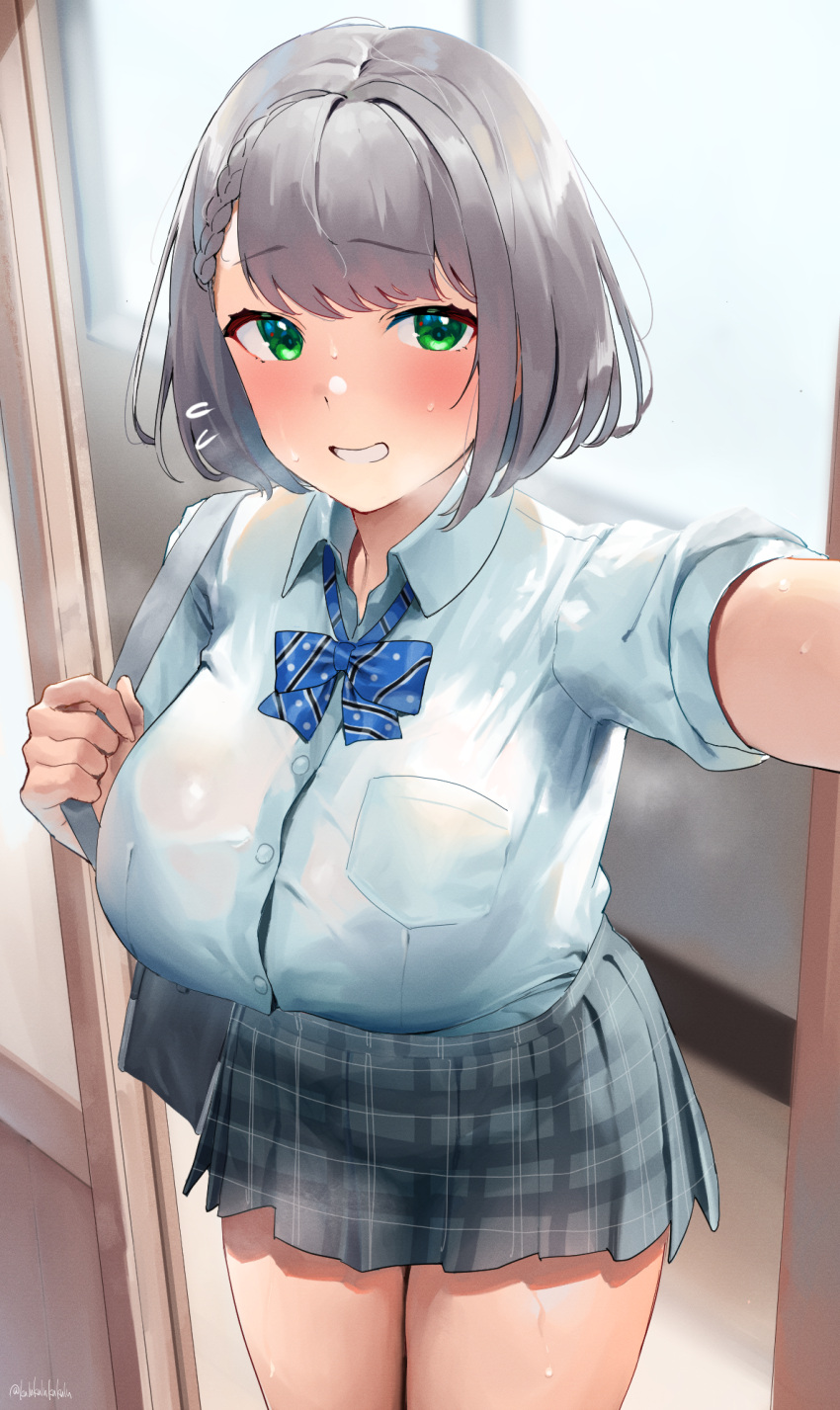 1girl :d arm_up bag bangs blue_bow blue_bowtie blush bow bowtie braid breasts collared_shirt cowboy_shot dress_shirt flying_sweatdrops frikulu green_eyes grey_hair grey_skirt grin highres hololive indoors large_breasts miniskirt nervous_smile open_door outstretched_arm parted_lips plaid plaid_skirt pleated_skirt selfie shirogane_noel shirt short_hair shoulder_bag side_braid skirt smile solo steaming_body virtual_youtuber