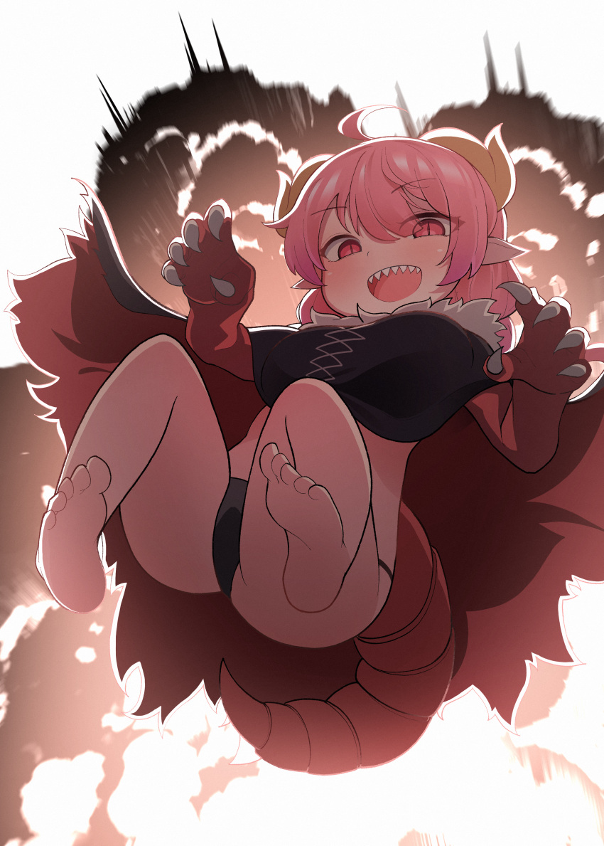 1girl absurdres ahoge barefoot black_cape black_panties breasts cape dragon_claw dragon_girl dragon_horns dragon_tail explosion eyes_visible_through_hair feet fur_trim gesture highres horns hourglass_02 ilulu_(maidragon) kobayashi-san_chi_no_maidragon looking_at_viewer multicolored_hair open_mouth panties pink_hair pointy_ears purple_hair red_eyes sharp_teeth shortstack smoke soles solo tail teeth toes two-tone_hair underwear