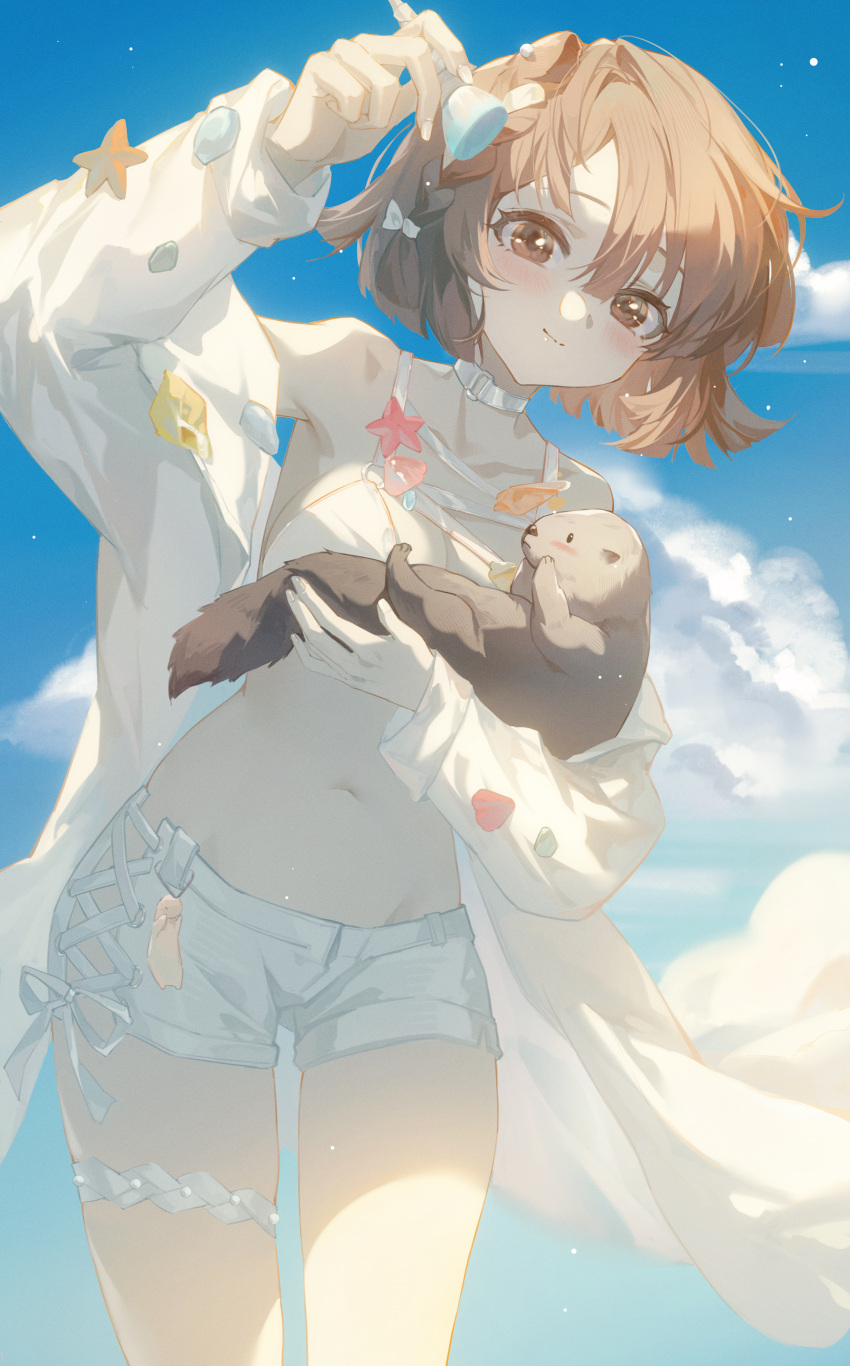 1girl absurdres animal arknights arm_up armpits bangs bare_shoulders bikini bikini_top_only blue_sky blush braid breasts brown_eyes brown_hair cleavage closed_mouth cloud collarbone cowboy_shot day highres jacket long_sleeves looking_at_viewer makeup_brush medium_breasts navel off_shoulder official_alternate_costume open_clothes open_jacket otter outdoors roberta_(arknights) roberta_(summer_flowers)_(arknights) short_hair shorts side_braid sky smile solo starfish swimsuit thigh_strap tuzhate white_bikini white_jacket white_shorts
