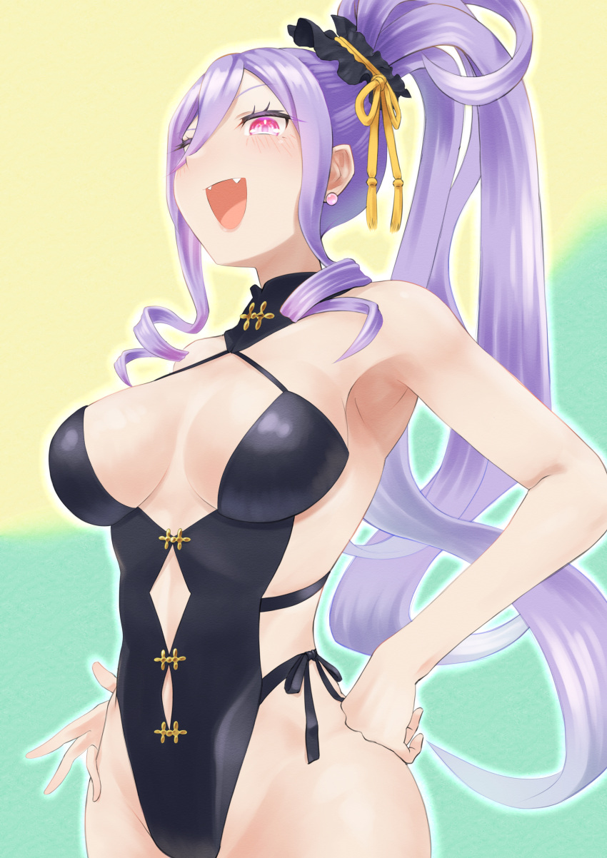 1girl absurdres bangs bare_shoulders black_swimsuit breasts cleavage earrings fangs fate/grand_order fate_(series) hair_between_eyes hair_ornament hair_scrunchie highleg highleg_swimsuit highres jewelry large_breasts long_hair looking_at_viewer megamegaglass one-piece_swimsuit open_mouth purple_eyes purple_hair scrunchie side_ponytail sidelocks smile solo swimsuit very_long_hair wrist_scrunchie wu_zetian_(fate) wu_zetian_(swimsuit_caster)_(fate)