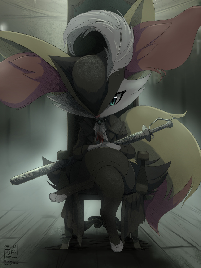 1girl absurdres animal_ear_fluff animal_ears animal_feet animal_nose artist_name ascot backlighting black_coat black_headwear black_thighhighs blood blood_on_clothes bloodborne blue_eyes blue_gemstone body_fur braixen brooch chair clothed_pokemon coat commentary cosplay crossed_legs dated deviantart_username english_commentary eryz flat_chest fog fox_ears fox_girl fox_tail full_body furry furry_female gem hat hat_feather highres holding holding_sword holding_weapon indoors jewelry lady_maria_of_the_astral_clocktower lady_maria_of_the_astral_clocktower_(cosplay) long_sleeves looking_at_viewer one_eye_covered open_clothes open_coat own_hands_together pokemon pokemon_(creature) sheath sheathed signature sitting solo straight-on sword tail thick_thighs thighhighs thighs toeless_legwear torn_ascot tricorne twitter_username weapon white_ascot white_fur wide_hips