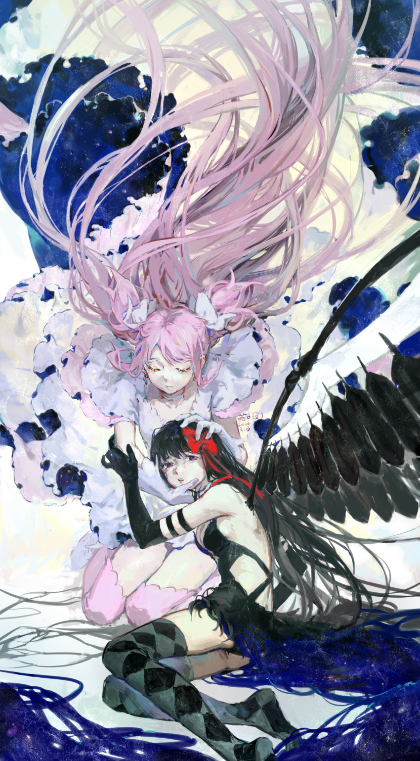 2girls absurdres akemi_homura akuma_homura argyle argyle_legwear bare_back bare_shoulders black_dress black_gloves black_hair black_thighhighs black_wings bow breasts chinese_commentary choker cleavage closed_eyes commentary_request dated dress elbow_gloves feather_trim feathered_wings floating_hair foot_out_of_frame frilled_dress frills from_side gloves hair_bow hand_on_another's_arm hand_on_another's_head highres holding_another's_hair holding_another's_head kaname_madoka layered_dress leaning_on_person long_hair looking_at_viewer mahou_shoujo_madoka_magica mahou_shoujo_madoka_magica_movie multiple_girls open_mouth pink_hair pink_thighhighs purple_eyes red_bow shoulder_blades signature sitting space_print starry_sky_print thighhighs two-sided_fabric two_side_up ultimate_madoka very_long_hair wariza white_bow white_choker white_dress white_gloves wings yanzi_meile yokozuwari
