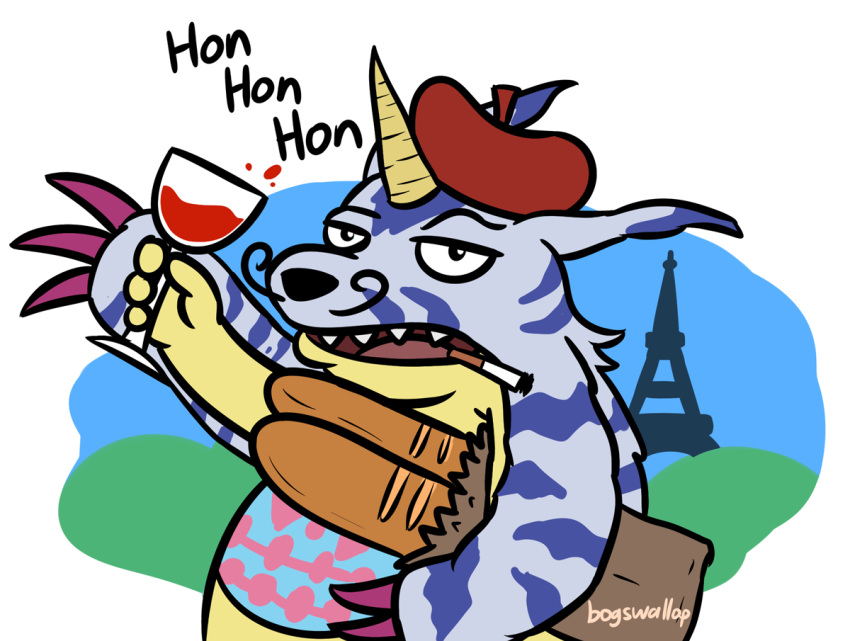 alcohol animal_skin anthro baguette bandai_namco beret beverage bogswallop bread cigarette claws clothing digimon digimon_(species) eiffel_tower facial_hair food french gabumon hat headgear headwear horn male mustache shopping_bag smoking wine yellow_body