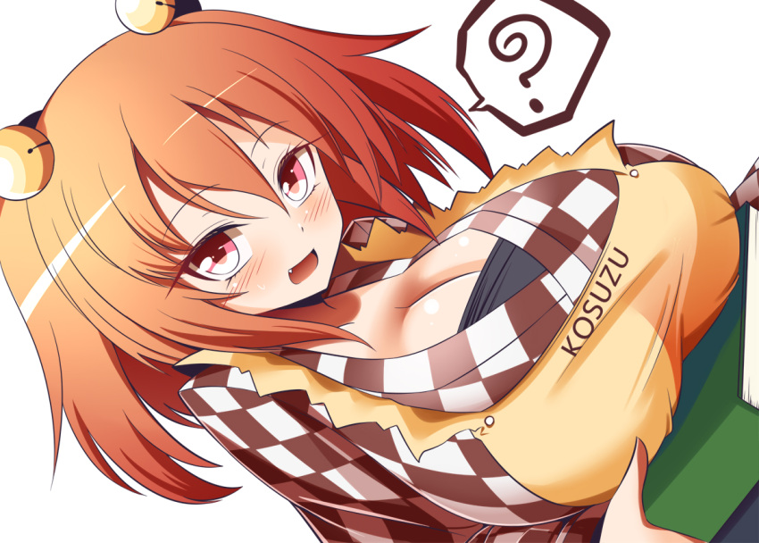 1girl apron bell breasts checkered_clothes checkered_kimono checkered_shirt cleavage hair_bell hair_ornament japanese_clothes kimono large_breasts motoori_kosuzu red_eyes shirt short_hair simple_background solo touhou two_side_up white_background xialu_zajin yellow_apron