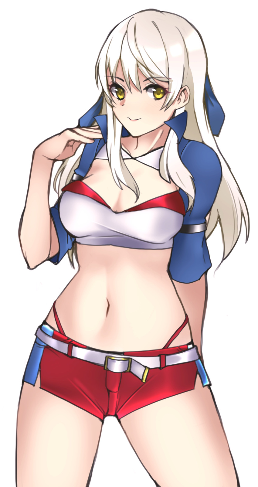 1340smile 1girl absurdres alternate_costume bangs belt bikini breasts cleavage commission cowboy_shot crop_top detached_collar fire_emblem fire_emblem:_radiant_dawn grey_hair hair_ribbon half_updo highleg highleg_bikini highres large_breasts long_hair looking_at_viewer micaiah_(fire_emblem) midriff navel race_queen red_shorts ribbon short_shorts shorts shrug_(clothing) simple_background smile solo swimsuit tank_top white_background yellow_eyes