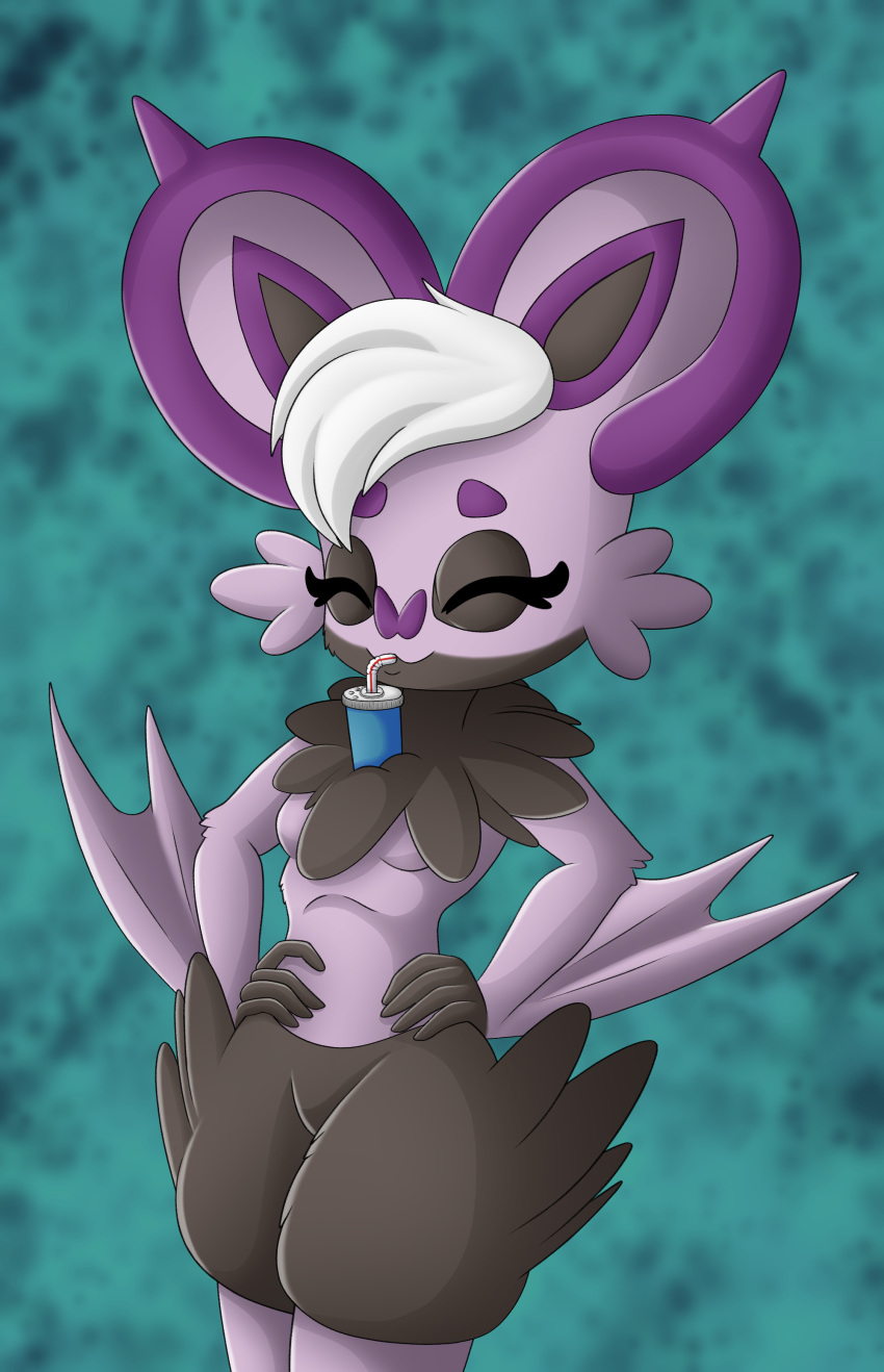 absurd_res anthro beverage breasts chest_tuft chiropteran container cup dh-arts drinking eyes_closed female fur generation_6_pokemon hair hands_on_hips hi_res mammal nintendo noibat pokemon pokemon_(species) pokemorph purple_body purple_fur small_breasts solo straw tuft video_games white_hair winged_arms wings