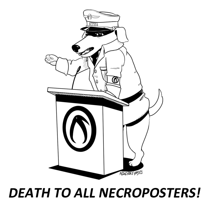 2022 3_fingers 3_toes a_friendly_hoovy anthro arm_out armband black_and_white buttons_(fastener) canid canine canis clothing digital_media_(artwork) digitigrade domestic_dog dress_shirt ears_down emblem english_text eyebrows feet fingers floppy_ears hat headgear headwear hi_res kiwi_farms logo looking_at_viewer male mammal microphone monochrome nazi_uniform necktie null_(kiwi_farms) number number_on_clothing open_mouth pawpads pivoted_ears pockets podium raised_tail shadow shirt signature simple_background solo standing teeth text three-quarter_view toes tongue topwear white_background