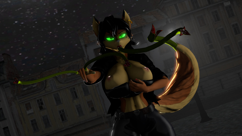 3d_(artwork) anthro black_clothing black_hair breasts canid canine carmelita_fox clothed clothing cosplay digital_media_(artwork) ear_piercing exposed_breasts face_tentacles female female/female finger_tentacles fox green_eyes hair hi_res mammal ok_bruh oral oral_penetration penetration piercing serleena_(men_in_black) sly_cooper_(series) solo sony_corporation sony_interactive_entertainment source_filmmaker sucker_punch_productions tentacle_in_mouth tentacle_penetration tentacles tentacles_from_tail tentacles_with_teeth video_games warfare_machine