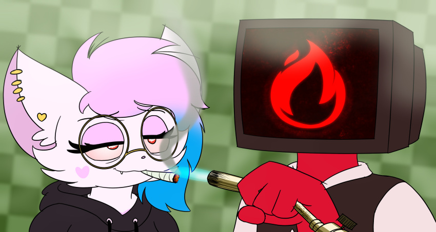 &lt;3 absurd_res anthro ashleykyo bloodshot_eyes blow_torch blue_hair caikslyce clothing drugs duo ear_piercing eyewear female fire fur glasses hair hi_res hoodie humanoid male marijuana piercing pink_hair red_body simple_background smoke topwear valence7 vest white_body white_fur