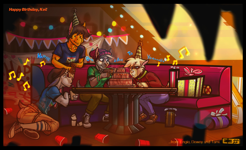 alcoholic_drink anthro beverage birthday birthday_cake bow_(feature) cake candle clothed clothed_male clothing container cup dessert dewey_(deweyferret) digital_media_(artwork) domestic_ferret drinking_glass engie_(liebro) english_text equid equine fingers floppy_ears food fur gift_bow gift_box gift_wrapped glass glass_container glass_cup group hare hat headgear headwear hi_res horse humanoid_hands lagomorph leporid male male_anthro mammal musical_note mustela mustelid musteline party_hat phone rabbit short_tail shot_glass simple_background smile tami_k_maru_(yourfavoritelemonade) text true_musteline yourfavoritelemonade