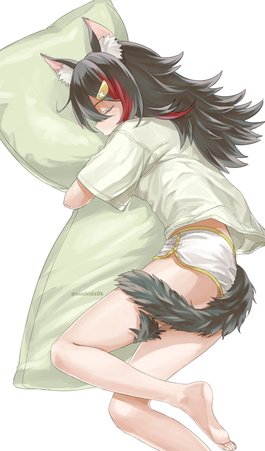 1girl absurdres animal_ear_fluff animal_ears bangs bare_legs barefoot black_hair closed_eyes dolphin_shorts hair_ornament hairclip highres hololive long_hair lying multicolored_hair object_hug on_side ookami_mio pillow pillow_hug red_hair shirt short_sleeves shorts simple_background solo streaked_hair sushida0k tail tail_around_leg twitter_username virtual_youtuber white_background white_shirt white_shorts wolf_ears wolf_girl wolf_tail