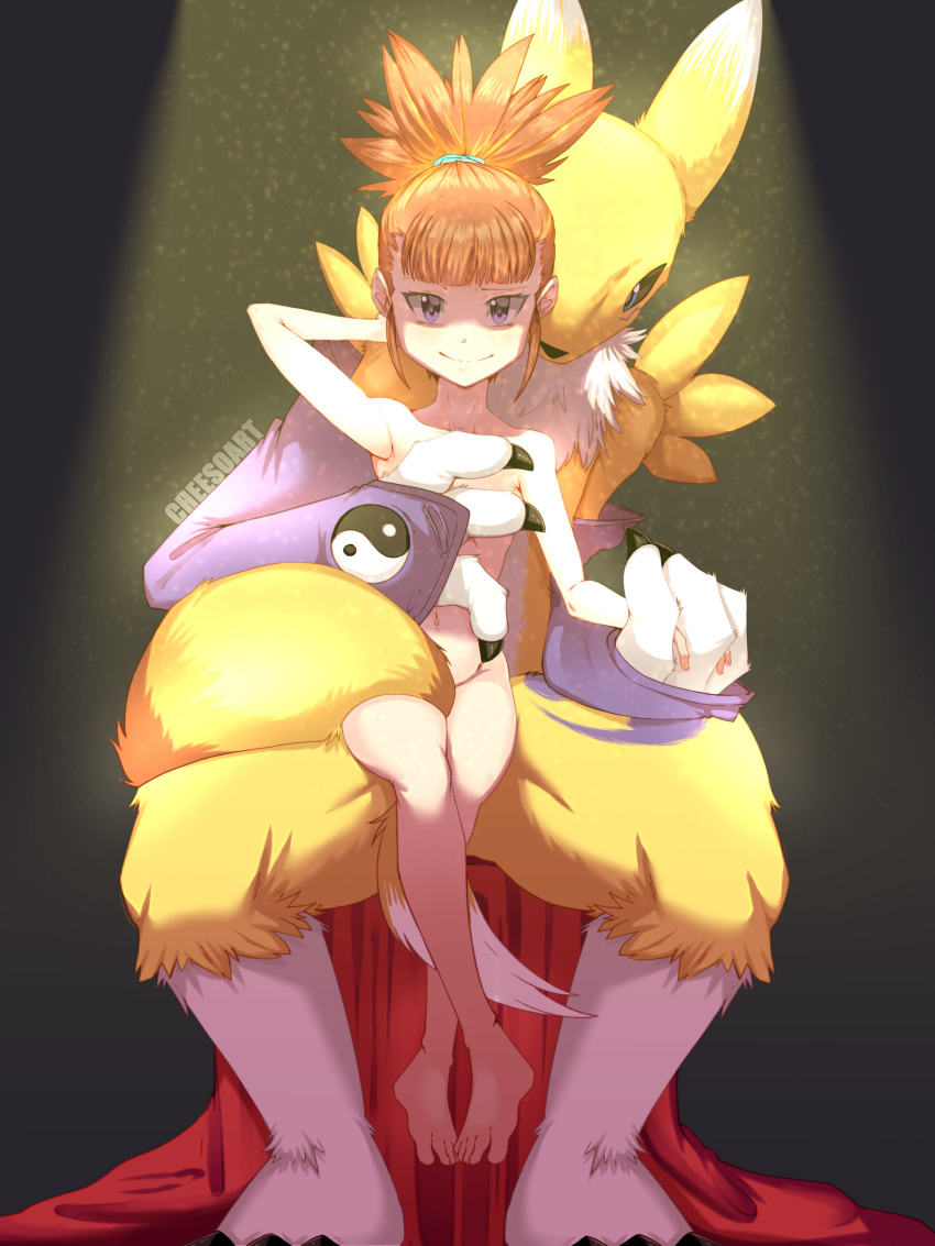 3_fingers 3_toes absurd_res anthro armwear bandai_namco black_nose blue_eyes bridal_gauntlets brown_hair canid cheesoart chest_tuft clawed_fingers claws clothing covering covering_breasts covering_crotch crossed_legs digimon digimon_(species) digiphilia dipstick_ears dipstick_tail duo feet female female_on_anthro fingers fur hair hand_behind_head hand_holding hi_res human human_on_anthro interspecies larger_anthro light lighting looking_at_viewer male male/female male_anthro mammal markings modelling multicolored_ears naturally_censored on_lap ponytail pose renamon rika_nonaka shaded sitting sitting_on_lap size_difference smaller_human smile tail_around_partner tail_between_legs tail_markings teal_eyes toe_claws toes tuft white_body white_fur yellow_body yellow_fur yin_yang young