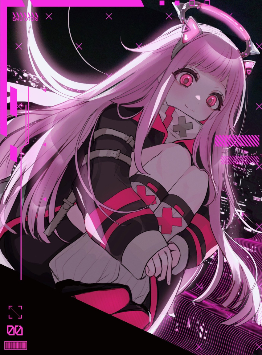 1girl bangs black_jacket blunt_bangs blush commentary dress glowing glowing_eyes grey_leg_warmers heart heart_in_eye highres jacket jpcmic kneeling leg_warmers long_hair long_sleeves mechanical_halo ootori_emu pink_eyes pink_hair pink_theme project_sekai sidelocks sitting smile solo symbol_in_eye turtleneck_dress very_long_hair white_dress