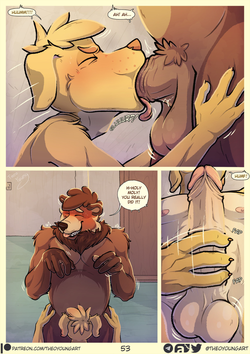 anthro apollo_(dirtypaws) ball_fondling balls big_penis bird_dog black_lips blonde_hair blush bodily_fluids body_hair brown_bear brown_body brown_fur butt butt_grab canid canine canis chest_hair clothing colored colors_(dirtypaws) comic dialogue digital_media_(artwork) domestic_dog duo english_text erection fellatio fondling foreskin fur genital_fluids genitals hair hand_on_butt hi_res huge_penis humanoid_genitalia humanoid_penis hunting_dog labrador licking lips locker_room male male/male mammal masturbating_while_penetrated masturbation muscular muscular_male nude oral panel_skew penetration penile penile_masturbation penis penis_focus penis_squish precum pubes pushing_in retracted_foreskin retracting_foreskin retriever sex shaking_balls shower speech_bubble squish sweat sweatdrop tan_body tan_fur text theo_young tongue tongue_out undressed url ursid ursine vein veiny_penis wet