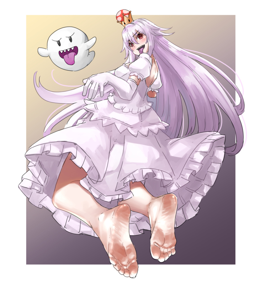 1girl back bangs barefoot boo_(mario) border breasts cleavage crown dress eiji_(eiji) elbow_gloves feet foot_focus foreshortening from_behind full_body ghost gloves grey_hair hair_between_eyes highres large_breasts long_hair looking_at_viewer looking_back luigi's_mansion mario_(series) new_super_mario_bros._u_deluxe open_mouth princess_king_boo purple_eyes skirt smile solo super_crown teeth tongue tongue_out white_border white_dress white_gloves