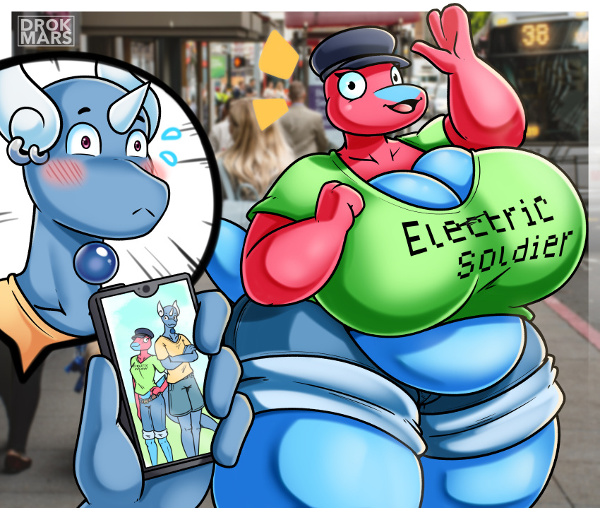 absurd_res anthro belly big_belly big_breasts blush breasts clothed clothing dragonair drokmars duo female female_focus first_person_view generation_1_pokemon generation_2_pokemon gesture hi_res holding_object huge_breasts male male/female nintendo pokemon pokemon_(species) porygon porygon2 surprise thick_thighs tight_clothing video_games waving weight_gain