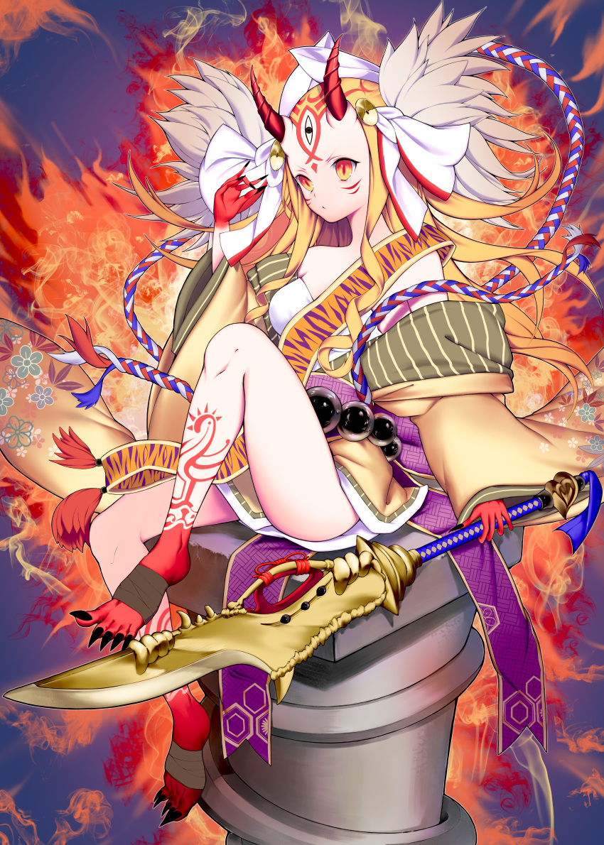 1girl absurdres bare_shoulders black_nails blonde_hair breasts closed_mouth colored_skin commentary_request expressionless facial_mark fate/grand_order fate_(series) fingernails floral_print forehead_mark full_body highres holding holding_weapon horns ibaraki_douji_(fate) japanese_clothes kimono kong3807 long_fingernails long_hair looking_at_viewer multicolored_skin off_shoulder oni oni_horns pointy_ears print_kimono red_skin sharp_fingernails sharp_toenails sitting skin-covered_horns small_breasts solo tattoo toenails weapon yellow_eyes yellow_kimono