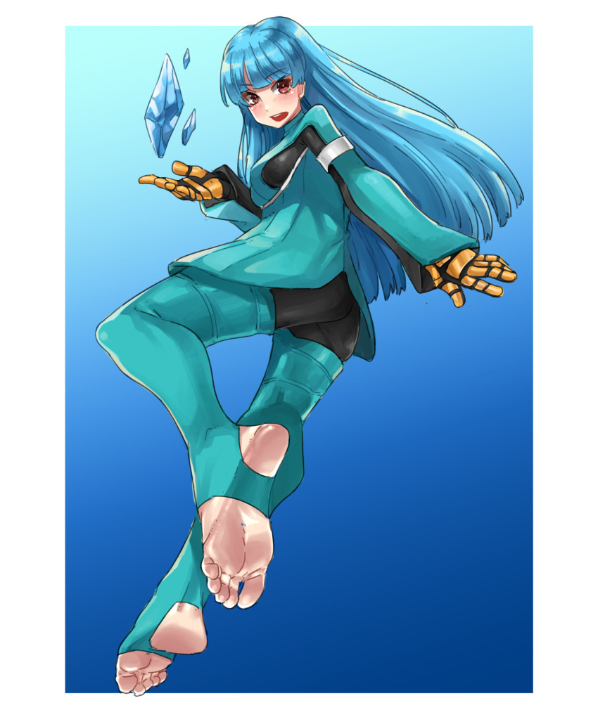1girl 2022 alternate_costume blue_hair blush bodysuit border breasts colored_inner_hair eiji_(eiji) evolution_championship_series feet foot_focus foreshortening from_behind full_body gloves green_bodysuit highres ice kula_diamond long_hair looking_at_viewer looking_back lower_teeth multicolored_hair open_mouth red_eyes small_breasts soles solo teeth the_king_of_fighters the_king_of_fighters_xv toes white_border yellow_gloves