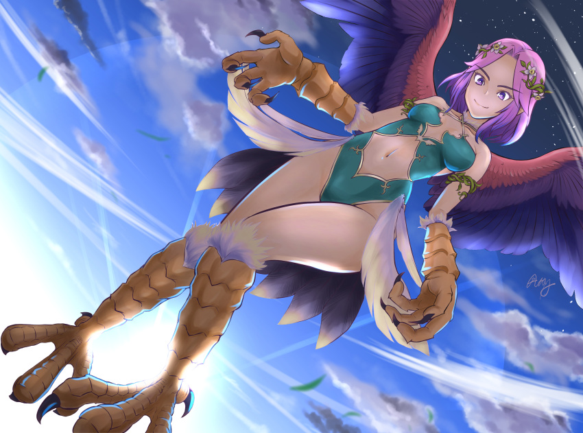 1girl animal_hands bangs bare_shoulders bird_legs bird_tail breasts claws clothing_cutout commentary_request feathered_wings feathers flying green_leotard hanabusa_(xztr3448) harcypete harpy highres leotard monster_girl navel navel_cutout parted_bangs purple_eyes purple_hair scales seiken_densetsu seiken_densetsu_3 sky small_breasts smile solo tail tail_feathers talons wings