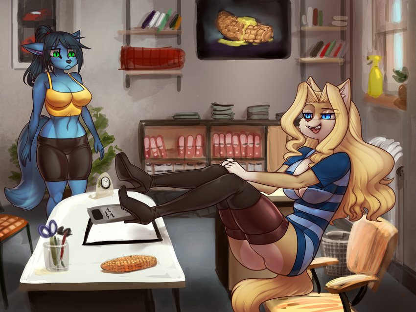 anthro big_breasts black_bottomwear black_clothing black_hair black_shorts blonde_hair blue_body blue_eyes blue_fur bottomwear breasts butt canid canine canis chair cheese_quesadilla clock clothing corablue_(character) corn digital_media_(artwork) duo felid female floating food fur furniture general-irrelevant green_eyes hair inside jackal legwear mammal new_blood_interactive open_mouth plant ponytail shorts smile smug tan_body tan_fur the_mystery_of_the_druids thigh_highs window