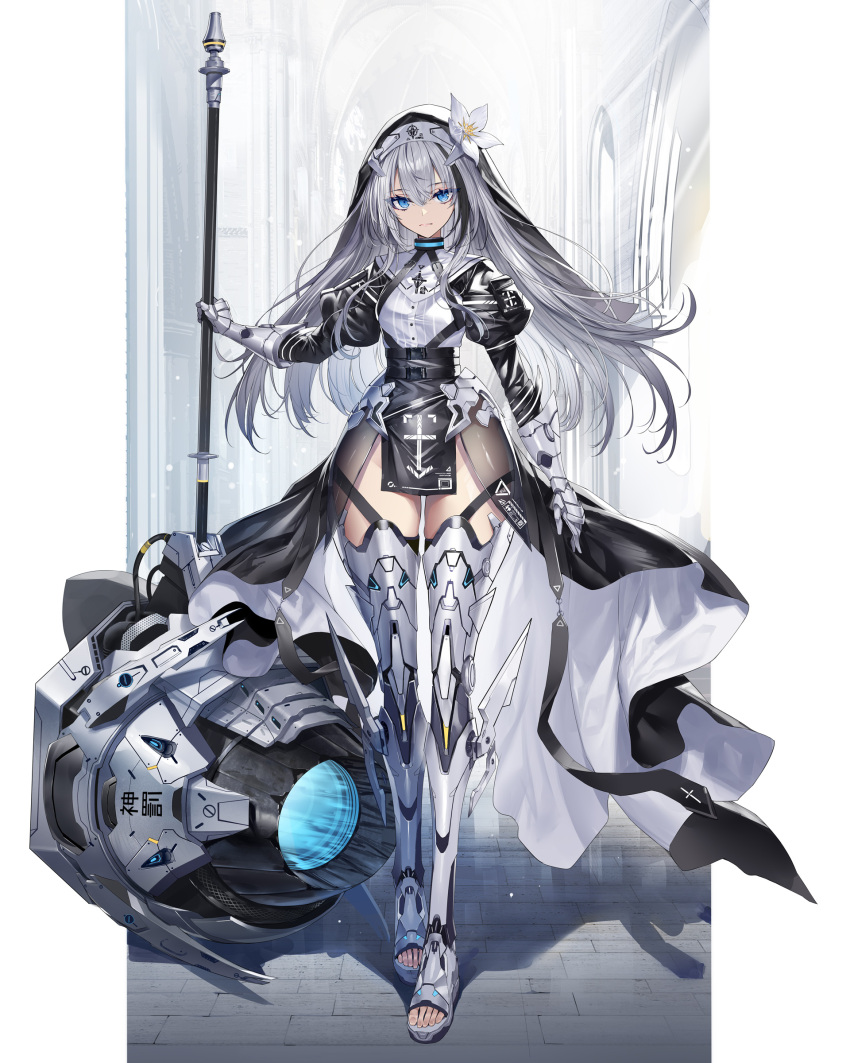 1girl absurdres armor armored_dress bangs blue_eyes breasts cleric engine engineer flower hair_flower hair_ornament headdress heirou highres nun original small_breasts solo thick_thighs thighhighs thighs white_hair white_thighhighs