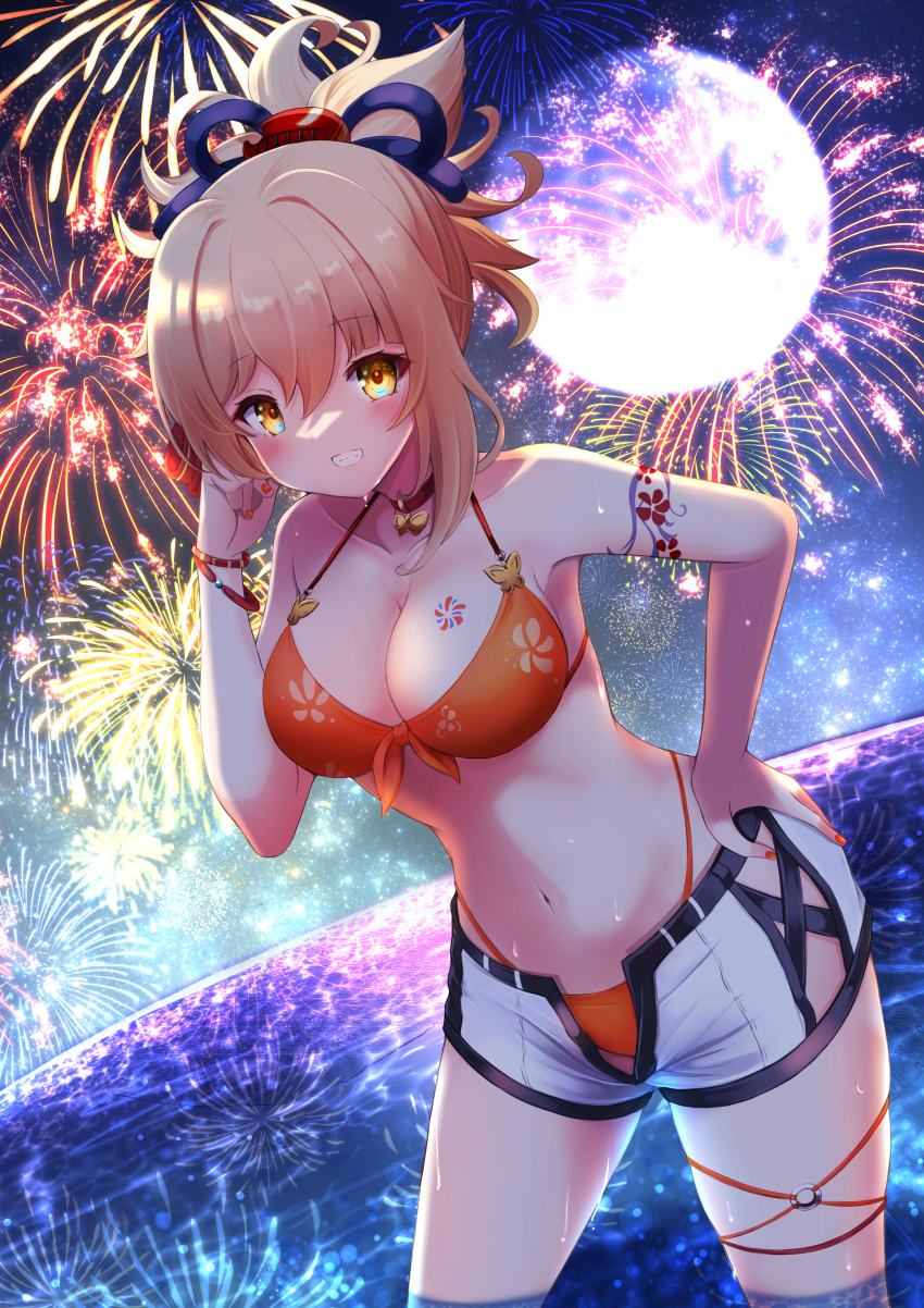 1girl absurdres aerial_fireworks bare_arms bare_shoulders bikini bikini_under_clothes blonde_hair blush breasts brown_eyes cleavage collarbone commentary_request fireworks front-tie_bikini front-tie_top full_moon genshin_impact grin hand_on_hip highres horizon medium_breasts moon nail_polish navel night night_sky o-ring ocean open_clothes open_fly open_shorts orange_bikini outdoors ponytail red_nails shibakame short_shorts shorts sky smile solo star_(sky) starry_sky swimsuit wading water white_shorts yoimiya_(genshin_impact)