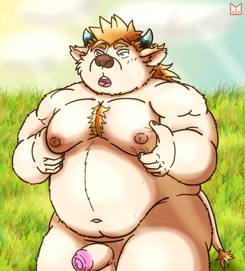 2022 anthro babe_bunyan balls belly bovid bovine cattle genitals hi_res humanoid_hands lifewonders male mammal mlae moobs navel nipples outside overweight overweight_male penis red_panda_mirr solo tokyo_afterschool_summoners video_games young