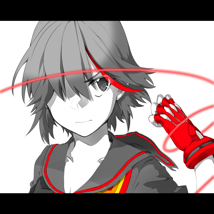 1girl absurdres closed_mouth fingerless_gloves gloves greyscale hair_over_one_eye highres kill_la_kill matoi_ryuuko monochrome multicolored_hair myon2 red_gloves senketsu short_hair simple_background solo spot_color streaked_hair string string_of_fate upper_body white_background