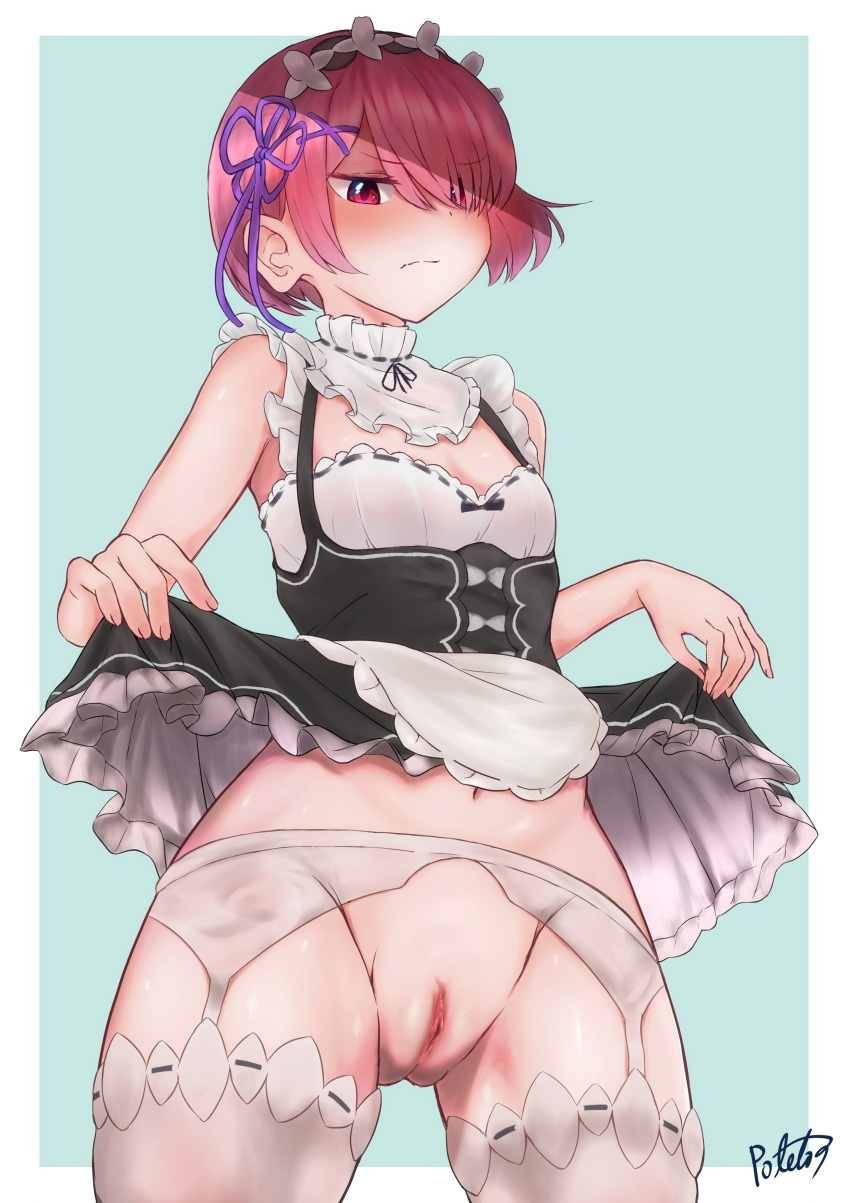 1girl absurdres black_dress blue_background blush breasts closed_mouth clothes_lift dress dress_lift garter_belt garter_straps glaring highres jitome lifted_by_self maid maid_headdress navel pink_eyes pink_hair pussy ram_(re:zero) re:zero_kara_hajimeru_isekai_seikatsu short_hair simple_background small_breasts solo thighhighs very_short_hair white_thighhighs withpote