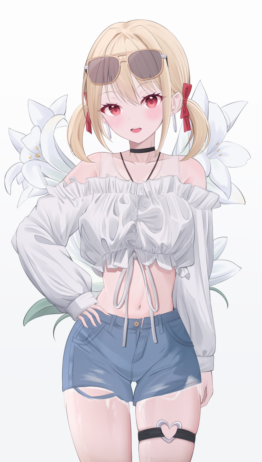 1girl absurdres alternate_costume bangs black_choker blonde_hair blush choker collarbone earrings eyewear_on_head floral_background hair_ribbon hand_on_hip highres hiyayo25 hoop_earrings jewelry looking_at_viewer lycoris_recoil midriff navel nishikigi_chisato off-shoulder_shirt off_shoulder open_mouth orange-framed_eyewear red_eyes red_ribbon ribbon shirt short_hair short_shorts shorts smile solo sunglasses thighs twintails