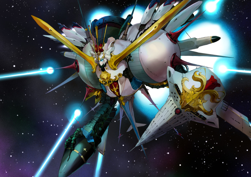 absurdres blue_eyes blue_fire cable claws duel_masters fire flame flaming_eye floating glowing glowing_eye highres holding holding_weapon kataku_musou laser mecha missile monster no_humans organic robot shield sky space spikes star_(sky) starry_sky weapon