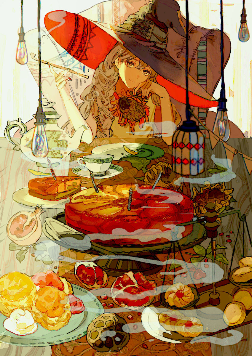 1girl absurdres balance_scale bangs banner biscuit_(bread) black_nails braid brown_eyes brown_hair cake candle chair commentary_request cookie cup elbows_on_table empty_plate feast flower food food_request fruit hair_between_eyes hand_on_own_face hanging_light hat head_tilt highres holding holding_flower holding_smoking_pipe light_bulb long_hair looking_at_viewer nail_polish original plate pomegranate qooo003 red_nails sitting smile smoke smoking_pipe solo sunflower sunlight table tablecloth teacup teapot weighing_scale wilted_flower witch_hat wooden_table