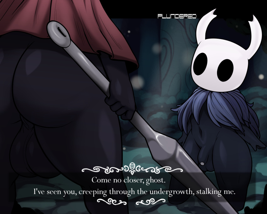 2022 absurd_res anthro arthropod balls big_balls big_butt butt dialogue digital_media_(artwork) duo english_text flaccid genitals gynomorph hi_res hollow_knight hornet_(hollow_knight) huge_balls insect intersex male mask melee_weapon navel penis plundered protagonist_(hollow_knight) rear_view team_cherry text vessel_(species) video_games weapon wide_hips