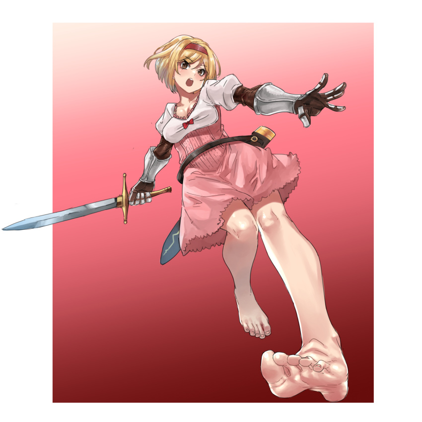 1girl bangs bare_legs barefoot blonde_hair boots border breasts brown_eyes cleavage djeeta_(granblue_fantasy) dress eiji_(eiji) feet foot_focus foreshortening full_body gauntlets gloves granblue_fantasy hair_ornament hairband highres holding holding_sword holding_weapon looking_at_viewer medium_breasts open_mouth pink_dress puffy_sleeves sheath short_dress short_hair simple_background smile soles solo sword toes weapon white_border