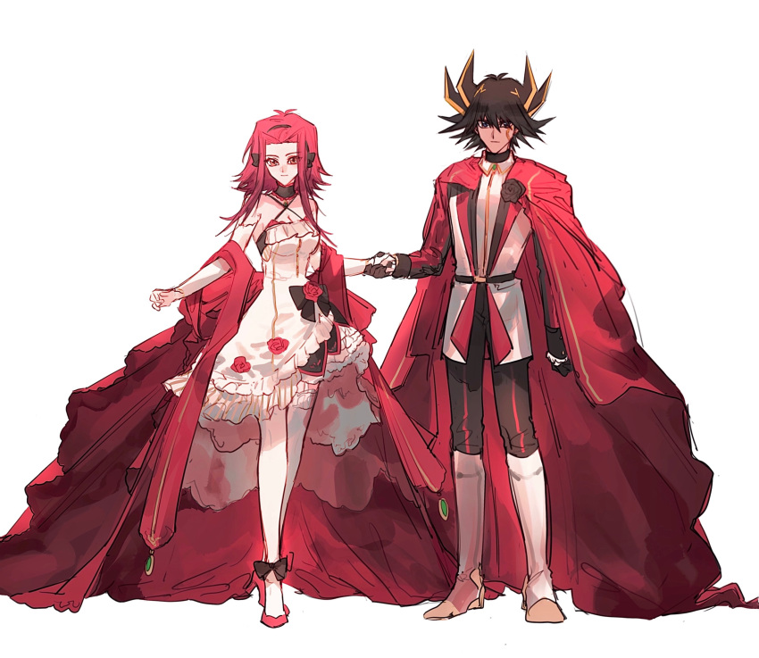 1boy 1girl absurdres ankle_bow bangs black_bow black_choker black_flower black_hair black_pants black_rose blonde_hair blue_eyes bow breasts brown_eyes cape choker cleavage criss-cross_halter detached_sleeves dress facial_mark flower fudou_yuusei full_body garter_straps hair_between_eyes halterneck high_heels highres holding_hands izayoi_aki jacket long_hair long_sleeves looking_at_viewer medium_breasts multicolored_hair naoki_(2rzmcaizerails6) pants pumps red_cape red_footwear red_hair rose short_dress simple_background sketch sleeveless sleeveless_dress spiked_hair standing thighhighs two-tone_hair white_background white_dress white_jacket white_sleeves white_thighhighs wing_collar yu-gi-oh! yu-gi-oh!_5d's