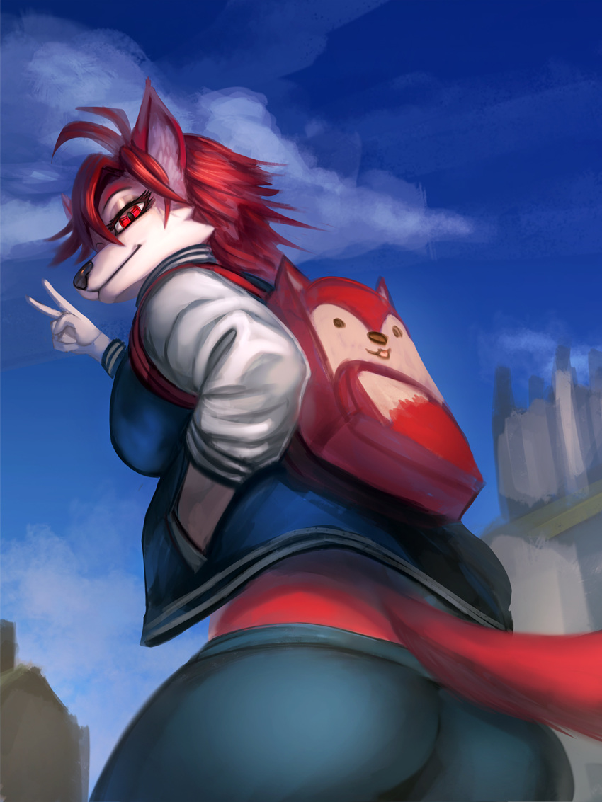 2022 anthro backpack blue_bottomwear blue_clothing blue_jacket blue_pants blue_topwear bottomwear building clothing cloud female general-irrelevant gesture hi_res house jacket mammal pants perspective red_eyes sky smile topwear v_sign