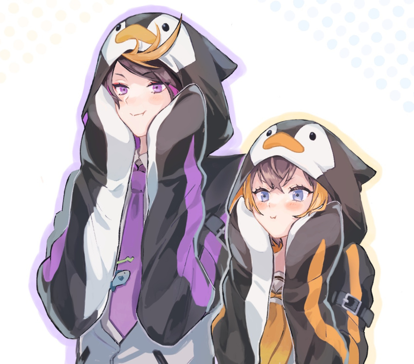 1boy 1girl animal_hood blue_eyes blush hood necktie neriri_124 nijisanji nijisanji_en penguin_hood petra_gurin purple_eyes purple_necktie shu_yamino simple_background white_background