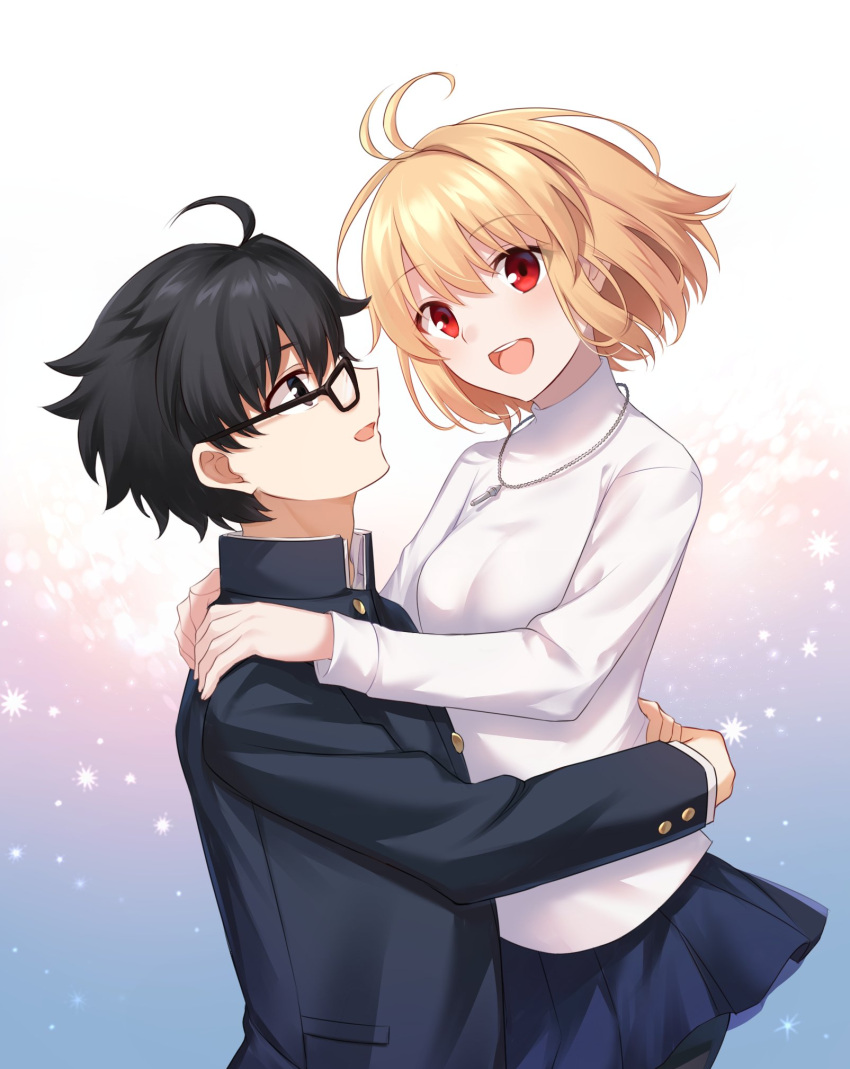 1boy 1girl ahoge antenna_hair arcueid_brunestud bangs black-framed_eyewear black_eyes black_hair black_jacket blonde_hair blue_skirt buttons carrying carrying_person commentary_request glasses hair_between_eyes hands_on_another's_hips hands_on_another's_shoulders highres hug jacket jewelry long_sleeves looking_at_another looking_at_viewer looking_up miniskirt necklace nemu_mohu open_mouth profile red_eyes school_uniform short_hair single_hair_intake skirt smile sweater teeth tohno_shiki tsukihime tsukihime_(remake) turtleneck turtleneck_sweater uppercut white_sweater
