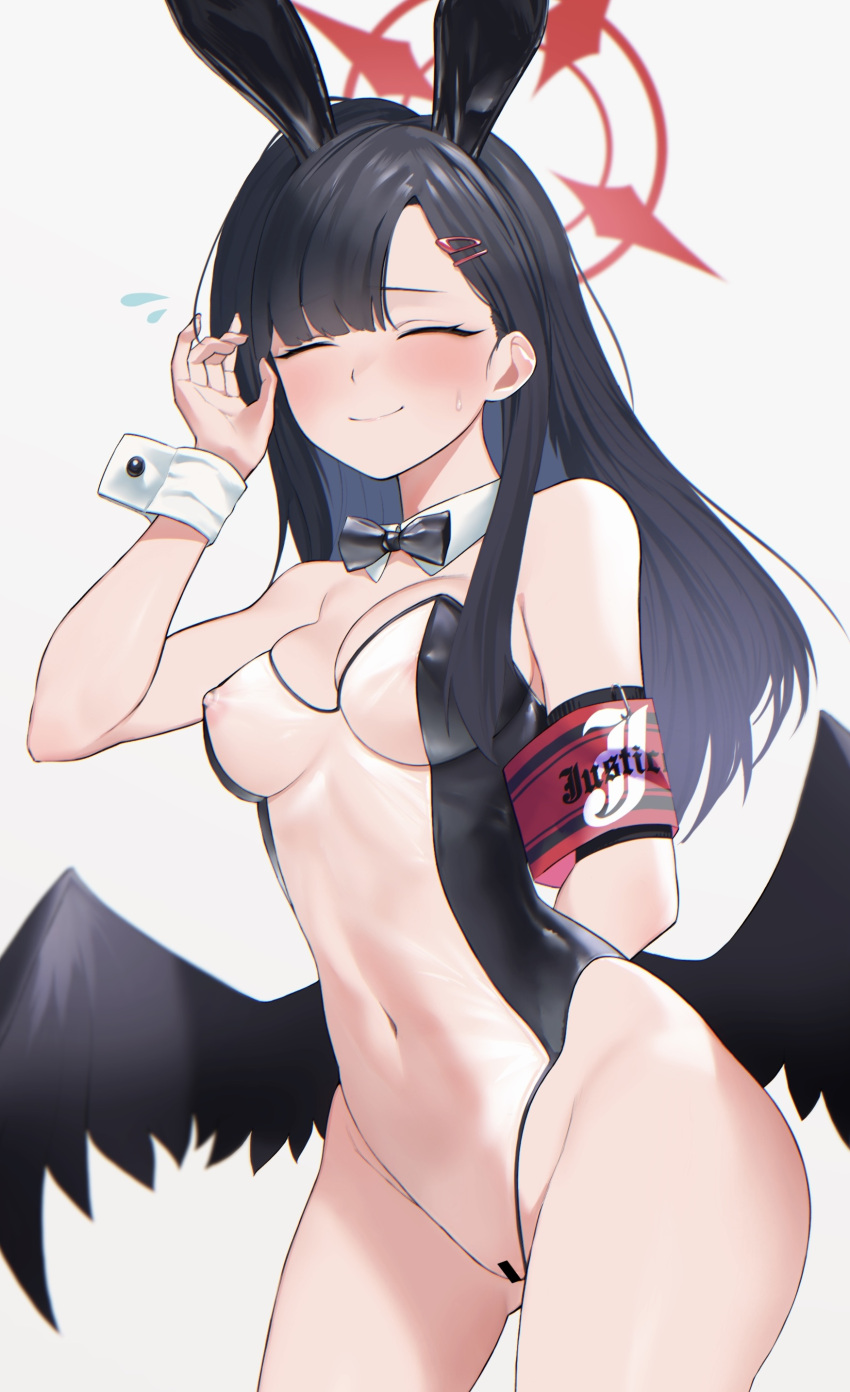 1girl absurdres alternate_costume animal_ears arm_behind_back arm_up armband asymmetrical_bangs bangs bar_censor bare_arms bare_shoulders black_bow black_bowtie black_hair black_wings blue_archive blunt_bangs blush bow bowtie breasts censored cleavage closed_eyes closed_mouth collar commission contrapposto covered_navel covered_nipples cowboy_shot detached_collar fake_animal_ears flying_sweatdrops halo hand_up heart highleg highleg_leotard highres ichika_(blue_archive) kazane-wind leotard long_hair low_wings medium_breasts navel nipples playboy_bunny rabbit_ears rabbit_tail see-through see-through_leotard simple_background skeb_commission smile solo straight_hair strapless strapless_leotard swept_bangs tail thighs translucent_bunnysuit white_background white_collar white_wrist_cuffs wings wrist_cuffs