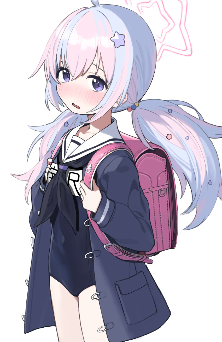1girl absurdres ahoge backpack bag black_neckerchief blue_archive blush character_request coat hair_ornament halo highres low_twintails multicolored_hair name_tag neckerchief old_school_swimsuit one-piece_swimsuit open_mouth randoseru sailor_collar school_swimsuit signalviolet star_(symbol) star_hair_ornament swimsuit swimsuit_under_clothes twintails two-tone_hair white_sailor_collar